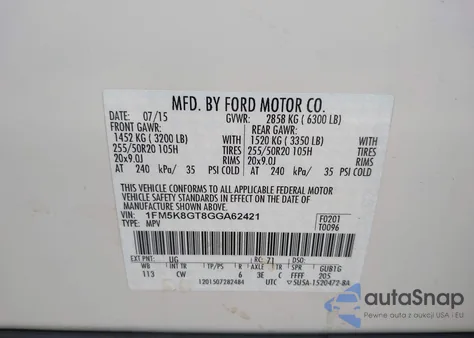 2016 Ford Explorer Sport из США, поврежденный, VIN 1FM5K8GT8GGA62421